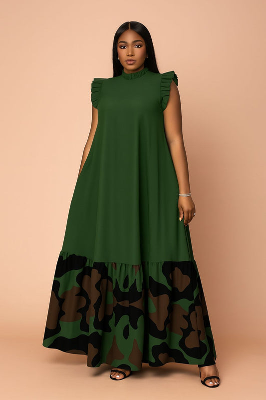 Woman wearing a green dress with a camouflage pattern on a beige background