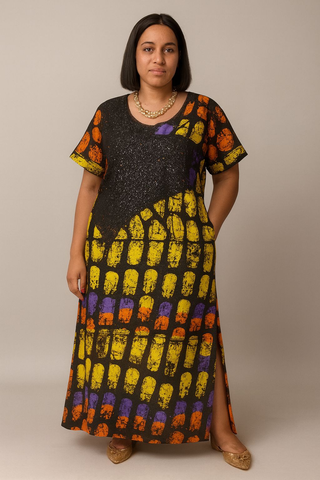 Woman wearing a colorful patterned dress on a plain background