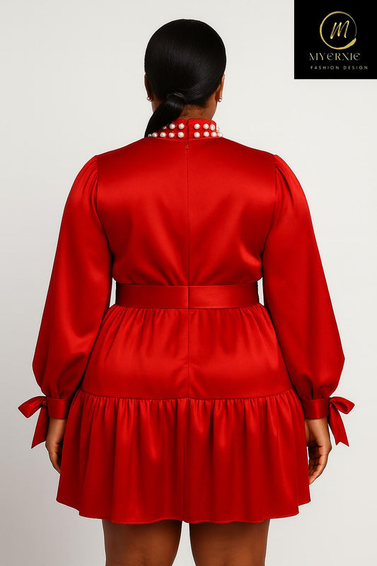 RED SATIN PEARL COLLAR DRESS