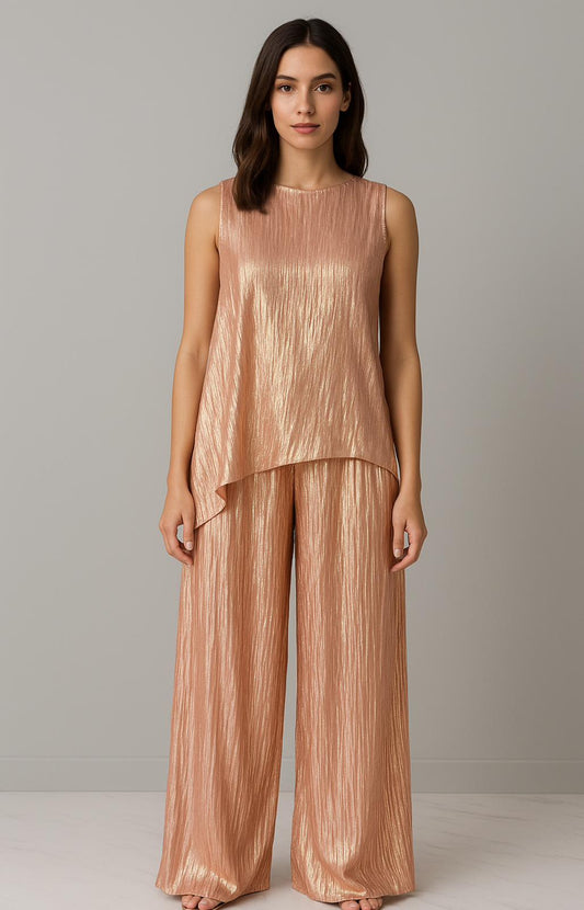 Asymmetrical top with wide-leg pant