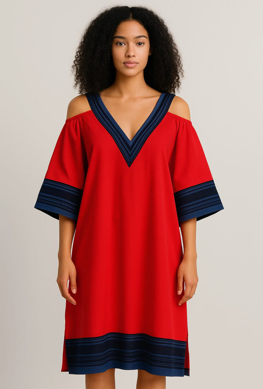 Red and Navy Cold-Shoulder gown