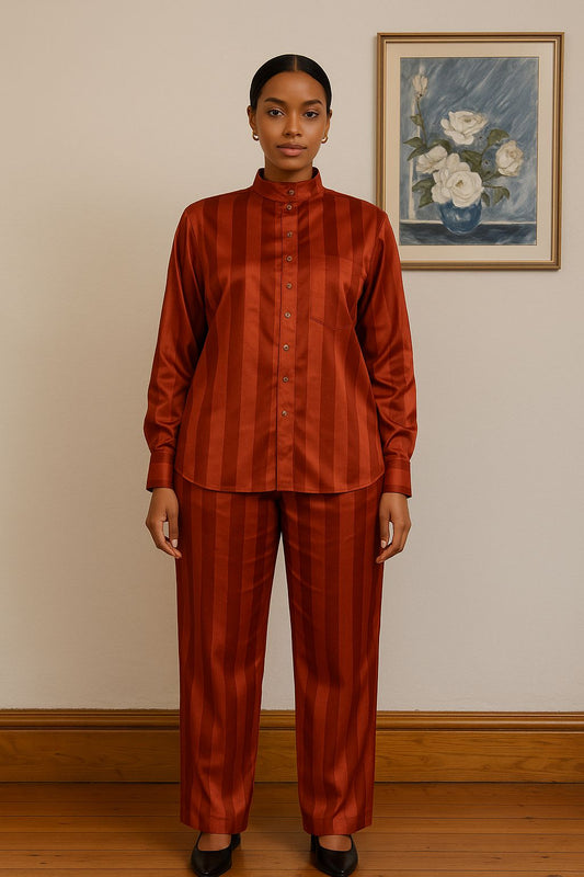 Rust Striped Satin Co-Ord Set-Shirt and Trouser