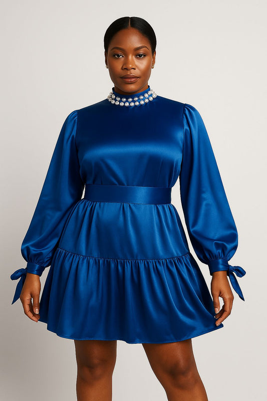 Blue Satin Elegant Mini Dress With Pearl Collar