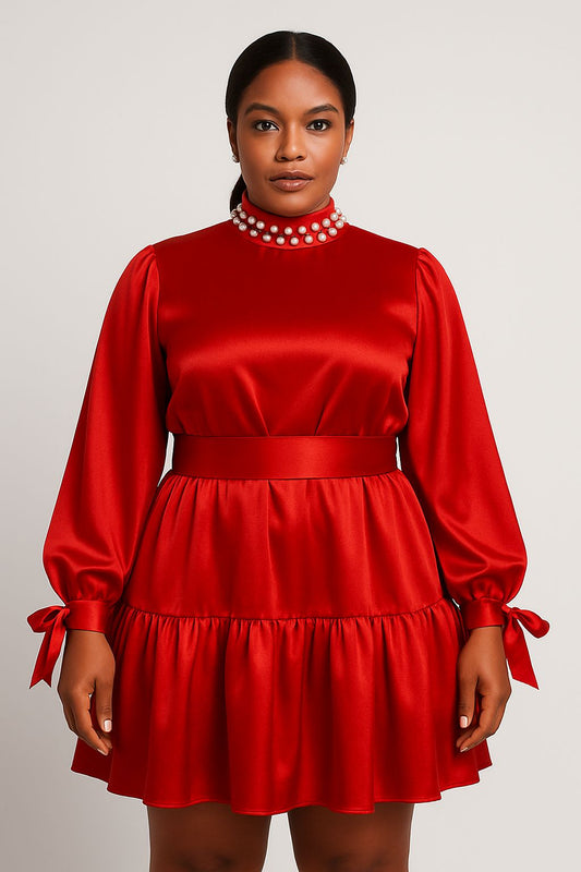 RED SATIN PEARL COLLAR DRESS
