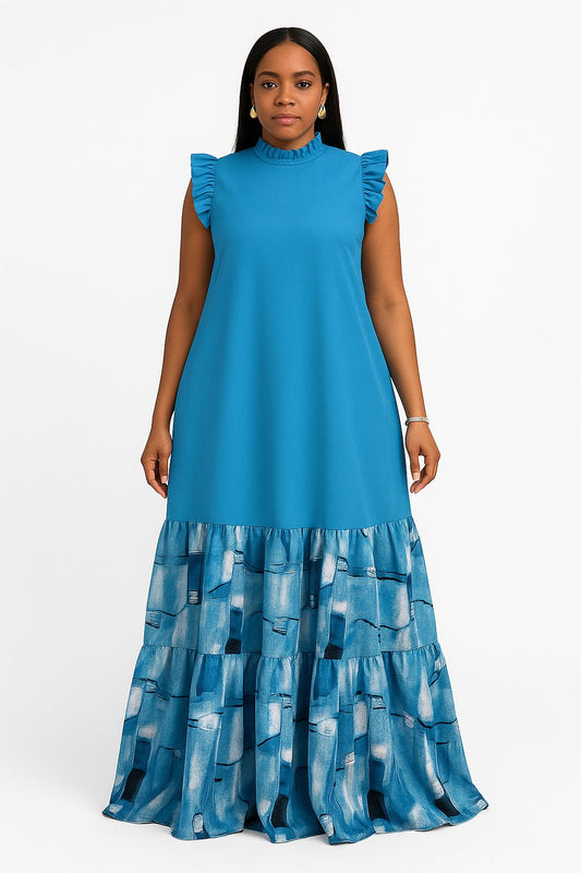 Blue Maxi Dress With Ruffle Sleeve